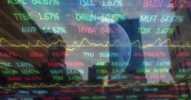 Dünya ve şehir haritasında finansal veri işleme animasyonu. Küresel finans, iş, bağlantılar, hesaplama ve veri işleme kavramı dijital olarak oluşturulmuş video.