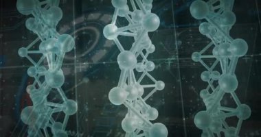 Moleküllerin ve DNA 'ların animasyonu veri işleme üzerinde siyah arkaplan taraması ile birlikte. Küresel bilim, bağlantılar ve dijital arayüz konsepti dijital olarak oluşturulmuş video.