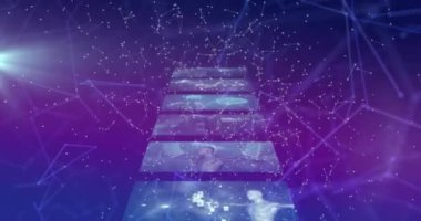 Bağlantıları olan ekranlarda DNA iplikçikleri ve veri işleme animasyonu. Küresel bilim, bağlantılar, hesaplama ve veri işleme kavramı dijital olarak oluşturulmuş video.