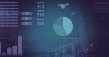 Şehirdeki finansal veri işleme animasyonu. Küresel finans, iş, bağlantılar, hesaplama ve veri işleme kavramı dijital olarak oluşturulmuş video.