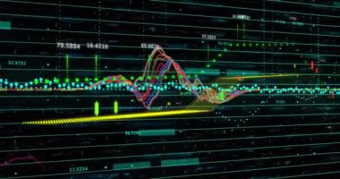 Karanlık arka planda finansal veri işleme sisteminin animasyonu. Küresel finans, iş, bağlantılar, hesaplama ve veri işleme kavramı dijital olarak oluşturulmuş video.