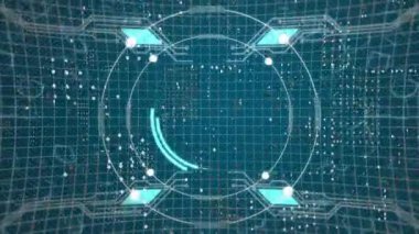 Karanlık arka planda tarama ve veri işleme animasyonları. Küresel finans, iş, bağlantılar, hesaplama ve veri işleme kavramı dijital olarak oluşturulmuş video.