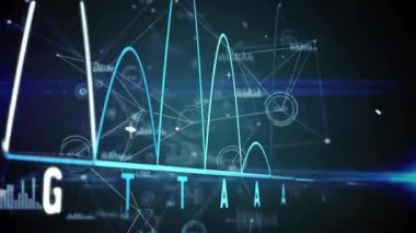 Bağlantı ağları üzerinden veri işleme animasyonu. Dijital olarak oluşturulmuş küresel bağlantılar, hesaplama ve veri işleme kavramı.