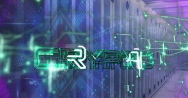 Veri işleme ve bilgisayar sunucuları üzerinden şifreli metin animasyonu. Küresel iş, bağlantılar, hesaplama ve veri işleme kavramı dijital olarak oluşturulmuş video.