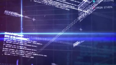 Finansal veri işleme ve şebeke üzerinde ikili kodlama animasyonu. Küresel alışveriş, finans, bağlantılar, hesaplama ve veri işleme kavramı dijital olarak oluşturulmuş video.