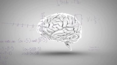 Gri arka planda insan beyni üzerinde matematiksel veri işleme animasyonu. Küresel bilim, bağlantılar, hesaplama ve veri işleme kavramı dijital olarak oluşturulmuş video.