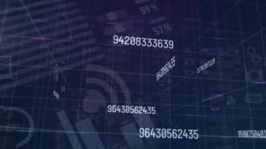 Karanlık arkaplandaki grafik ve grafikler üzerinden veri işleme animasyonu. Veri, dijital arayüz, bağlantı, işlem ve iletişim, dijital olarak oluşturulmuş video.