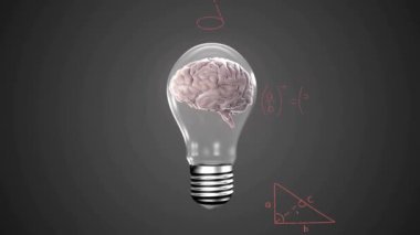 Dijital beyin üzerinde matematiksel denklemlerin animasyonu siyah arkaplanda ampulde. Bilim, eğitim, denklemler ve dijital arayüz konsepti dijital olarak oluşturulmuş video.