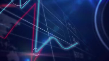 Dünya haritası ve veri işleme üzerinde hareket eden diyagramların ve saatin animasyonu. Küresel teknoloji ve dijital arayüz konsepti dijital olarak oluşturulmuş video.