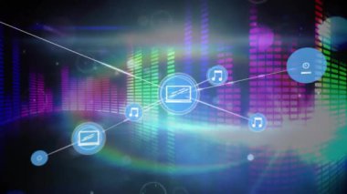 Parlayan ışık yollarının üzerindeki simgelerle bağlantı ağının animasyonu. Küresel finans, iş, bağlantılar, hesaplama ve veri işleme kavramı dijital olarak oluşturulmuş video.