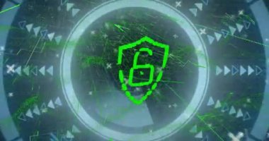 Karanlık arkaplan üzerinde veri işleme ve asma kilit simgesi animasyonu. Küresel siber güvenlik, bağlantılar, hesaplama ve veri işleme kavramı dijital olarak oluşturuldu.