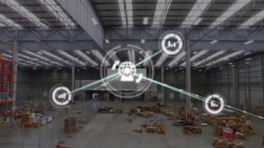 Deponun üzerindeki simgelerle bağlantı ağının animasyonu. Küresel dağıtım, teknoloji ve dijital arayüz kavramı dijital olarak oluşturulmuş video.