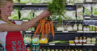 Kafkas kadın bakkal alışverişi üzerine veri işleme animasyonu. Küresel alışveriş, iş, bağlantılar, hesaplama ve veri işleme kavramı dijital olarak oluşturulmuş video.