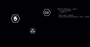 Siyah arka planda hareket eden ekoloji simgelerinin ve veri işlemenin animasyonu. Ekoloji ve teknoloji kavramı dijital olarak oluşturulmuş video.