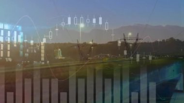 Şehirdeki finansal veri işleme animasyonu. Küresel finans, iş, bağlantılar, hesaplama ve veri işleme kavramı dijital olarak oluşturulmuş video.