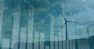 Rüzgar türbininin üzerinde şema ve veri işleme animasyonları. Ekoloji ve dijital arayüz kavramı dijital olarak oluşturulmuş video.