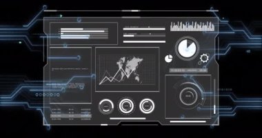 Siyah arka planda devre kartının üzerinde dijital veri işleme animasyonu. Dijital olarak oluşturulmuş küresel bağlantılar, hesaplama ve veri işleme kavramı.