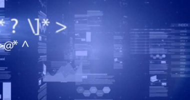 Mavi arkaplanda grafik ve grafiklerle arayüz ekranları üzerinde veri işleme animasyonu. Veri, ağ, dijital arayüz, iş, bağlantı ve iletişim, dijital olarak oluşturulmuş video.