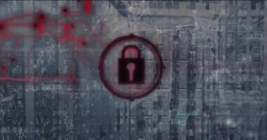 Ağ ve işleme verileri üzerinde kırmızı asma kilit simgesinin animasyonu. Güvenlik, ağ, veri, dijital arayüz ve iletişim, dijital olarak oluşturulmuş video.