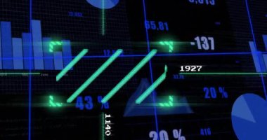 Karanlık arka planda veri işleme animasyonu. Dijital olarak oluşturulmuş küresel bağlantılar, hesaplama ve veri işleme kavramı.