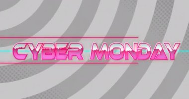 Gri arkaplandaki daireler üzerinden siber pazartesi metninin animasyonu. İletişim, sosyal medya, şekiller ve dijital arayüz konsepti dijital olarak oluşturulmuş video.