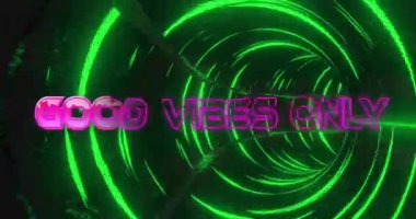 İyi titreşimlerin animasyonu sadece siyah arkaplanda neon tüneli üzerinden yazılır. İletişim, sosyal medya, şekiller ve dijital arayüz konsepti dijital olarak oluşturulmuş video.