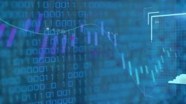 Dijital yüz kimlik taramaları çizelgeler ve mavi üzerinde ikili veri işleme. Güvenlik, veri, bağlantı, işlem, dijital arayüz ve iletişim, dijital olarak oluşturulmuş video.