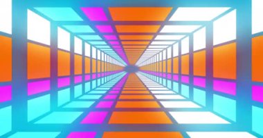 Mavi arka planda renkli şekilli dijital tünel animasyonu. Küresel teknoloji ve dijital arayüz konsepti dijital olarak oluşturulmuş video.