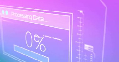 Mor arka planda veri işleme animasyonu. Küresel teknoloji, bilgisayar ve dijital arayüz kavramı dijital olarak oluşturulmuş video.