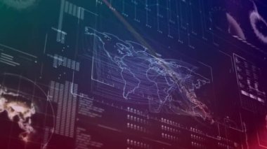 Kara zemin üzerinde dünya haritasıyla veri işleme animasyonu. Küresel teknoloji, bilgisayar ve dijital arayüz kavramı dijital olarak oluşturulmuş video.