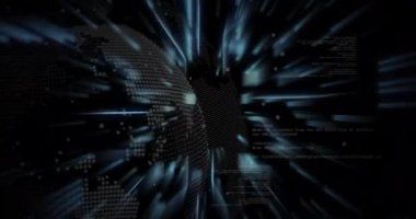 Siyah arkaplan üzerinde devre kartı ve dijital veri işleme animasyonu. Dijital olarak oluşturulmuş küresel bağlantılar, hesaplama ve veri işleme kavramı.