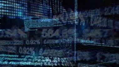 Karanlık arka planda finansal veri işleme animasyonu. Küresel finans, iş, bağlantılar, hesaplama ve veri işleme kavramı dijital olarak oluşturulmuş video.