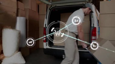 Kafkas kurye kutuları minibüse yüklerken bağlantı ağının animasyonu. Küresel gönderim, bağlantılar, hesaplama ve veri işleme kavramı dijital olarak oluşturulmuş video