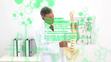 Kafkas erkek doktorların omurga sunumuyla ilgili veri işleme animasyonu. Veri, dijital arayüz, tıp, sağlık, eğitim ve iletişim, dijital olarak oluşturulmuş video.