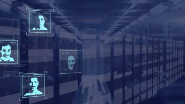 Bilgisayar sunucuları üzerinden biyometrik fotoğraflar ve veri işleme animasyonları. Dijital olarak oluşturulmuş küresel bağlantılar, hesaplama ve veri işleme kavramı.