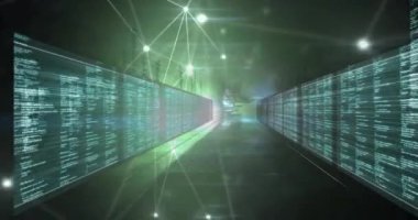 Bilgisayar sunucuları üzerinden bağlantı ağının animasyonu. Dijital olarak oluşturulmuş küresel bağlantılar, hesaplama ve veri işleme kavramı.