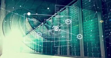 Sunucu odasında veri işleme ve ortam simgelerinin canlandırılması. küresel teknoloji ve dijital arayüz kavramı dijital olarak oluşturulmuş video.