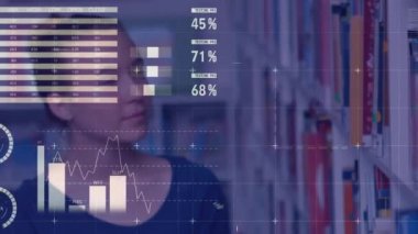 Çift ırklı kız öğrenci üzerinde finansal veri işleme animasyonu. Küresel finans, iş, bağlantılar, hesaplama ve veri işleme kavramı dijital olarak oluşturulmuş video.