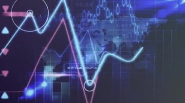 Kara zemin üzerinde dünya haritasıyla veri işleme animasyonu. Küresel teknoloji, bilgisayar ve dijital arayüz kavramı dijital olarak oluşturulmuş video.