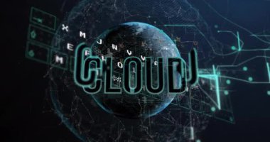 Küresel ve finansal veri işleme üzerinde bulut metninin animasyonu. Küresel finans, iş, bağlantılar, bulut hesaplama ve veri işleme kavramı dijital olarak oluşturulmuş video.