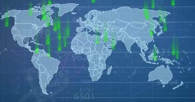 Dünya haritasında ikili kodlama ile finansal veri işleme animasyonu. Küresel finans, iş, bağlantılar, hesaplama ve veri işleme kavramı dijital olarak oluşturulmuş video.