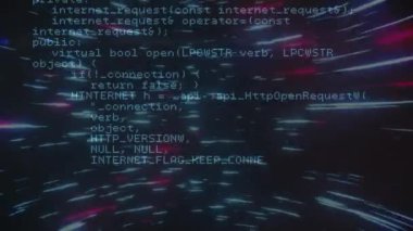 Veri işleme animasyonunun siyah arkaplan üzerindeki ışık yollarının üzerinde gerçekleşmesi. küresel teknoloji, bilgisayar ve dijital arayüz kavramı dijital olarak oluşturulmuş video.
