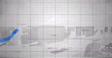 Boş ofis üzerinden finansal veri işleme animasyonu. Küresel iş, finans, bilgisayar ve dijital arayüz kavramı dijital olarak oluşturulmuş video.