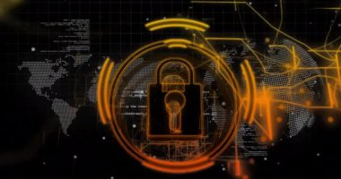 Karanlık arkaplan üzerinde veri işleme ve asma kilit simgesi animasyonu. Küresel siber güvenlik, bağlantılar, hesaplama ve veri işleme kavramı dijital olarak oluşturuldu.