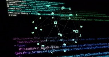 Karanlık arka planda simgelerle veri işleme ve küre animasyonu. Küresel siber güvenlik, bağlantılar, hesaplama ve veri işleme kavramı dijital olarak oluşturuldu.