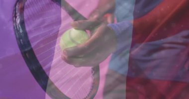 Afro-Amerikan erkek tenis oyuncusu yerine Fransa bayrağının animasyonu. Spor, rekabet ve aktif yaşam tarzı konsepti dijital olarak oluşturulmuş video.