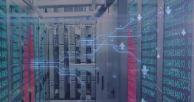 Sunucu odasındaki veri işleme ve bağlantı ağının animasyonu. Küresel teknoloji, bilgisayar ve dijital arayüz kavramı dijital olarak oluşturulmuş video.