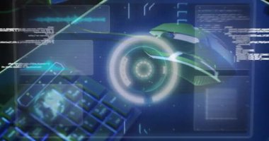 Bilgisayar üzerinden tarama ve veri işleme animasyonu. Dijital olarak oluşturulmuş küresel bağlantılar, hesaplama, dijital arayüz ve veri işleme kavramı.