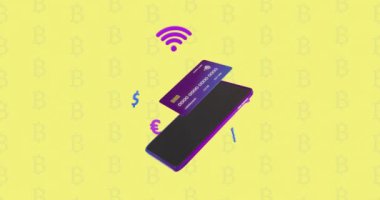 Kablosuz internet ve para birimi simgeleri, akıllı telefon ve kredi kartlarının sarı arka planda canlandırılması. Dijital olarak oluşturulan küresel çevrimiçi bankacılık, finans, iş, bağlantılar ve veri işleme kavramı.