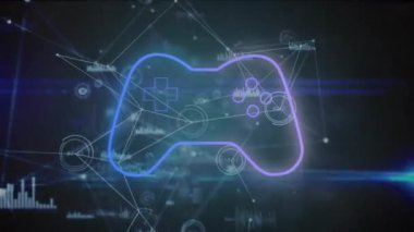 Video oyunu bloknotlarının animasyonu, bağlantı ağları üzerinden veri işleme. Dijital olarak oluşturulmuş küresel bağlantılar, hesaplama ve veri işleme kavramı.